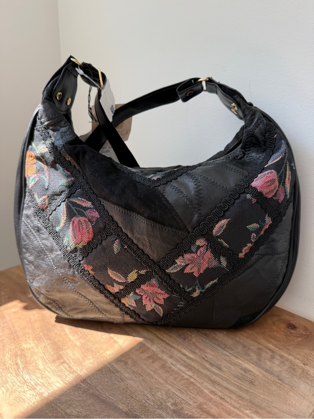 Vintage COLLAGE Sears Leather Patchwork Floral Tapestry Hobo Bag NWT Deadstock